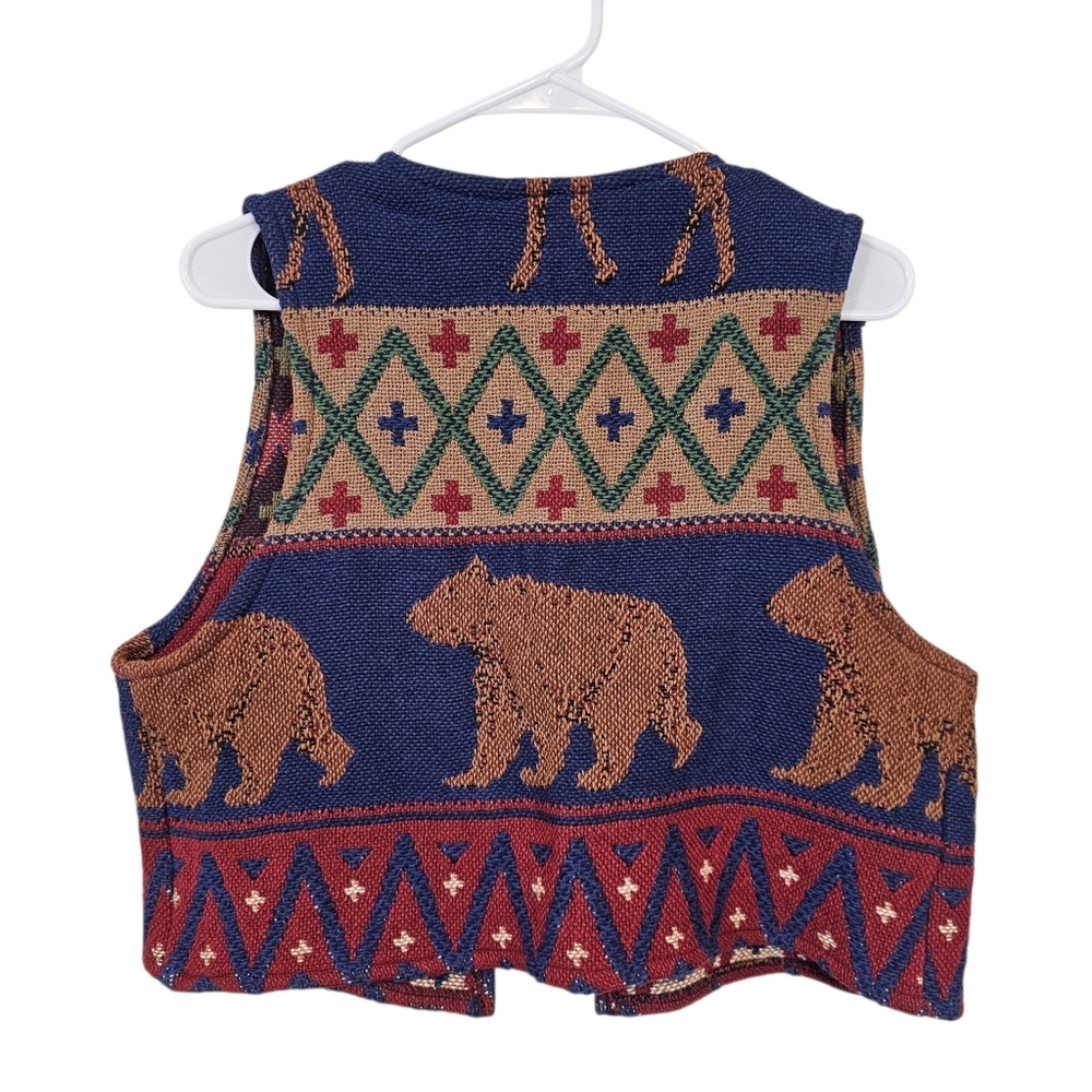 Painted Pony Tapestry Knit Southwestern Bear Country Concho Fringe Vest - Picture 2 of 7